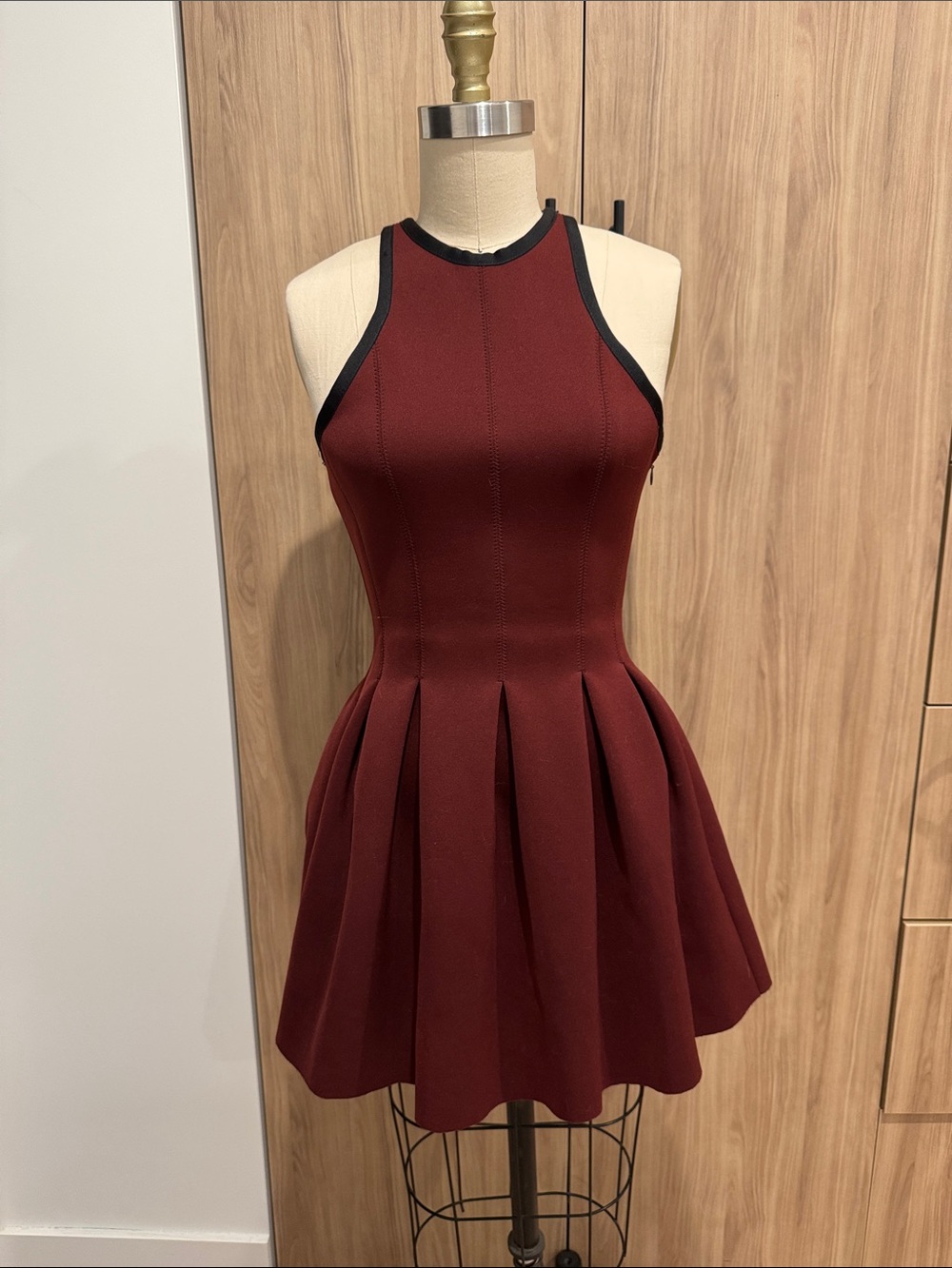T by Alexander Wang Burgundy Fit-and-Flare Mini Dress with Black Trim